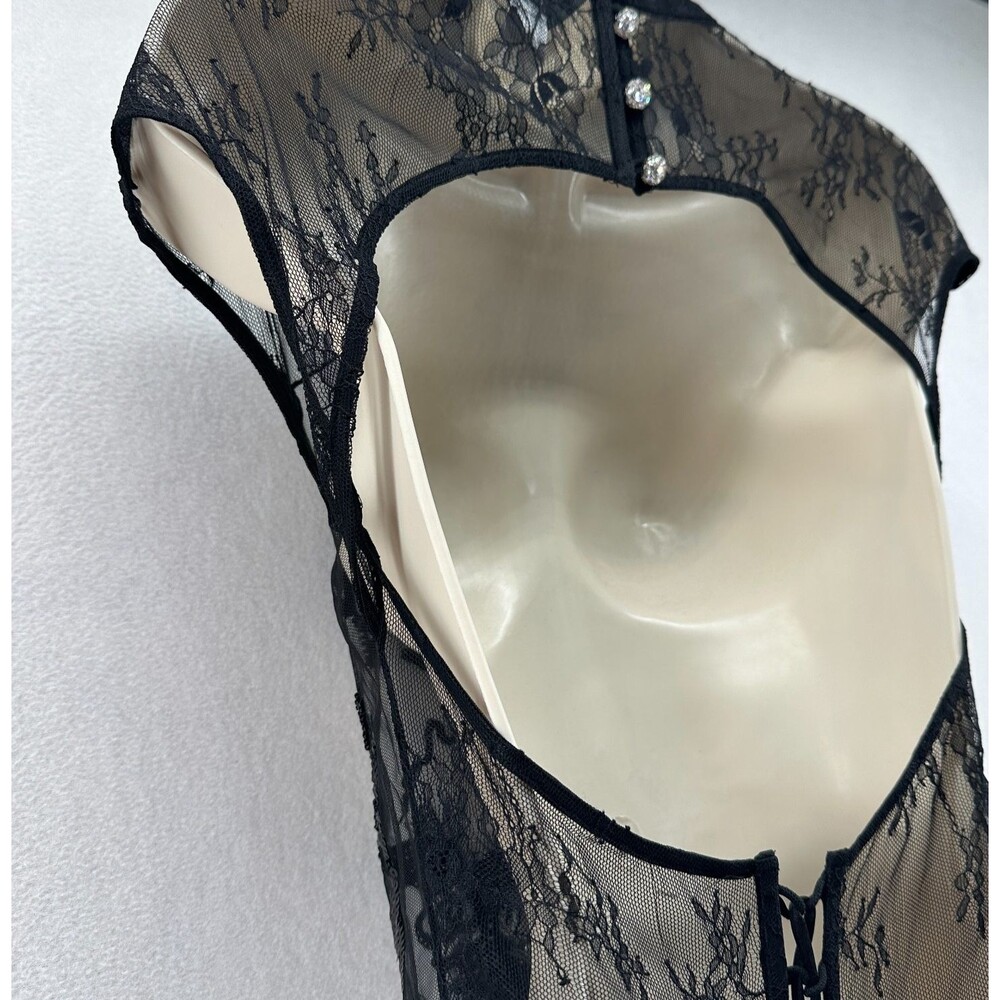 Kim Shui Beaded Dragon Lace Top Size M Black Sheer Mesh Y2K Style Open Back Tie - Picture 12 of 16